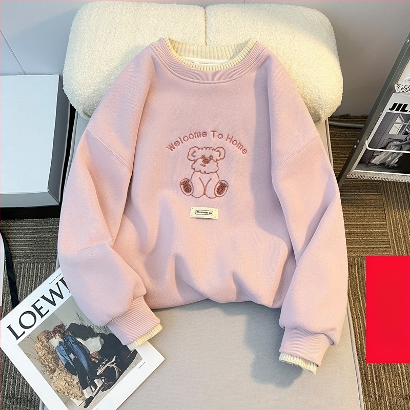 Pulover cu guler rotund și căptușit cu fleece pentru fete, toamna și iarna, pentru copii, stil western, lejer, cu guler din lână, cămașă de bază pentru fete de iarnă