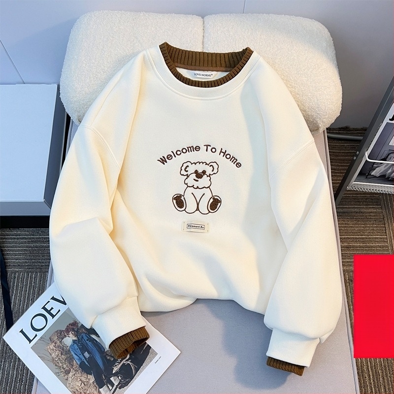 Pulover cu guler rotund și căptușit cu fleece pentru fete, toamna și iarna, pentru copii, stil western, lejer, cu guler din lână, cămașă de bază pentru fete de iarnă