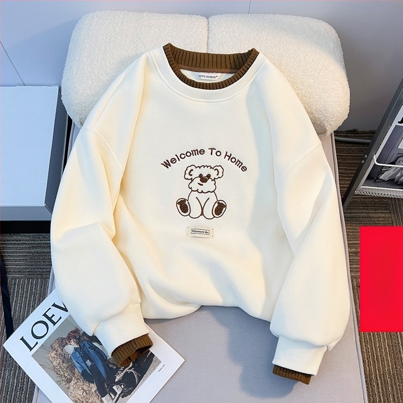 Pulover cu guler rotund și căptușit cu fleece pentru fete, toamna și iarna, pentru copii, stil western, lejer, cu guler din lână, cămașă de bază pentru fete de iarnă