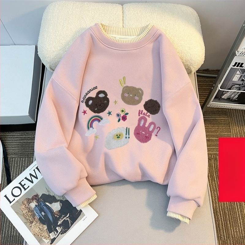 Pulover cu guler rotund și căptușit cu fleece pentru fete, toamna și iarna, pentru copii, stil western, lejer, cu guler din lână, cămașă de bază pentru fete de iarnă