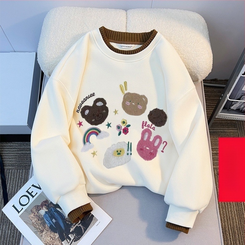 Pulover cu guler rotund și căptușit cu fleece pentru fete, toamna și iarna, pentru copii, stil western, lejer, cu guler din lână, cămașă de bază pentru fete de iarnă