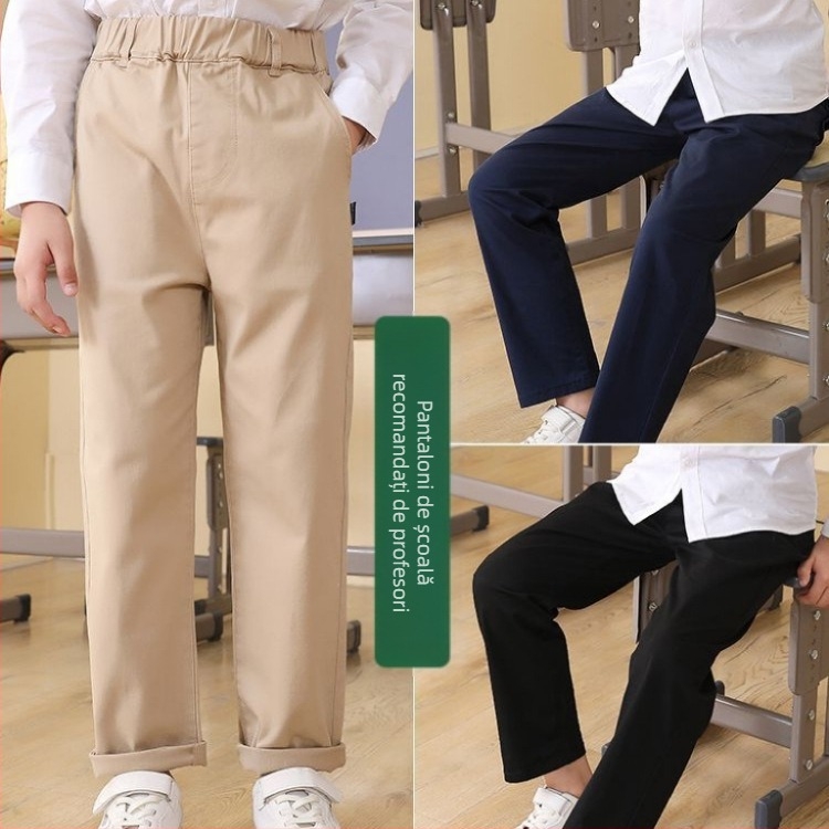 Pantaloni de școală kaki pentru copii, pantaloni casual pentru băieți și fete, pantaloni elastici de primăvară și toamnă, pantaloni cu talie elastică pentru fete