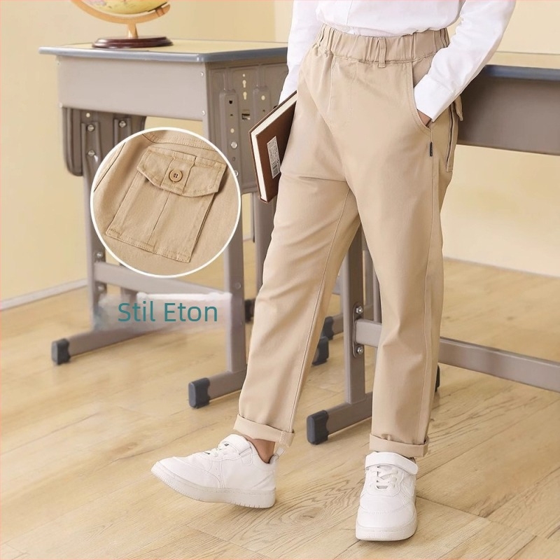 Pantaloni de școală kaki pentru copii, pantaloni casual pentru băieți și fete, pantaloni elastici de primăvară și toamnă, pantaloni cu talie elastică pentru fete
