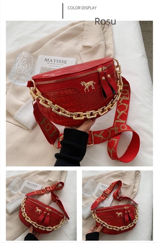 Geantă de piept pentru femei cu model de crocodil transfrontalier, geantă de umăr la modă și elegantă, geantă de damă casual și simplă, geantă crossbody cu lanț și curea largă pentru umăr