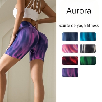 Pantaloni scurți de fitness cu vopsire în culoarea piersicii pentru femei, pantaloni de yoga europeni și americani Aurora de culoare strălucitoare pentru îmbrăcăminte exterioară, pantaloni sport cu talie înaltă, cu trei puncte, pentru ridicarea fundurilor