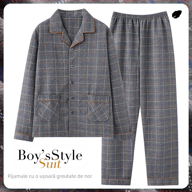 Pijamale transfrontaliere en-gros pentru bărbați, primăvara și toamna, bumbac gros, mânecă lungă, toamna și iarna, subțire, bumbac, haine de casă din bumbac aerian