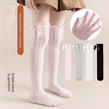 Șosete pentru fete, de vară, subțiri, până la genunchi, cu plasă lungă, cu tub lung, pentru bebeluși, cu țânțari, pentru copii, de vară, cu fundă în stil floral, tub înalt