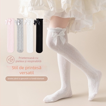 Șosete pentru fete, de vară, subțiri, până la genunchi, cu plasă lungă, cu tub lung, pentru bebeluși, cu țânțari, pentru copii, de vară, cu fundă în stil floral, tub înalt