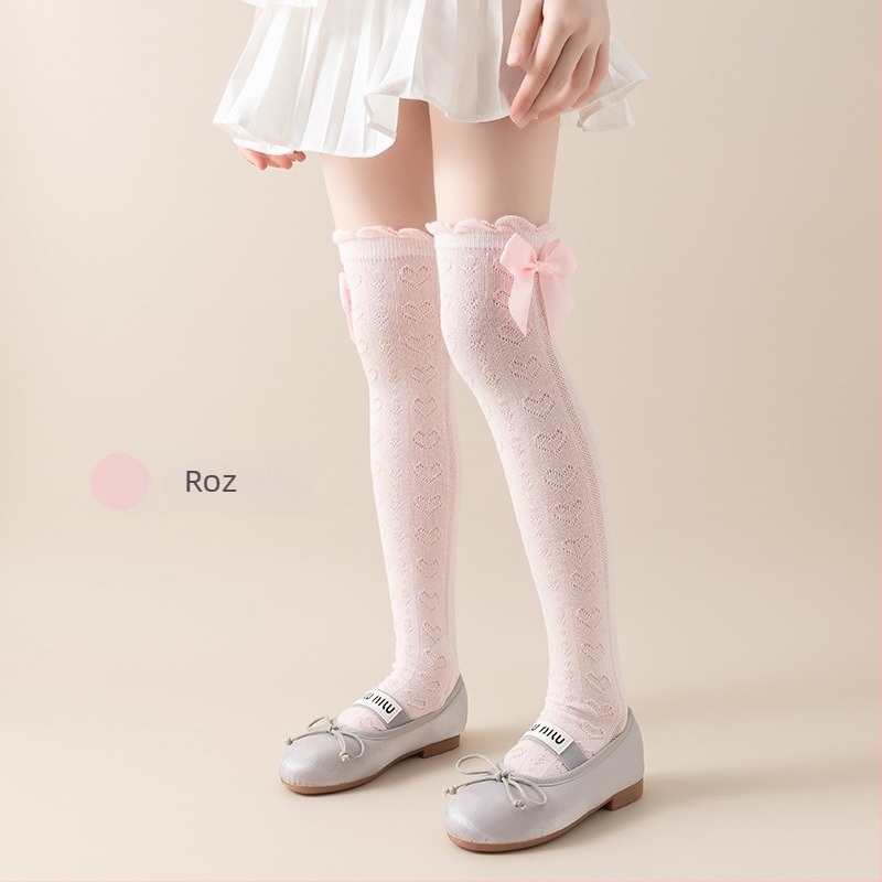 Șosete pentru fete, de vară, subțiri, până la genunchi, cu plasă lungă, cu tub lung, pentru bebeluși, cu țânțari, pentru copii, de vară, cu fundă în stil floral, tub înalt