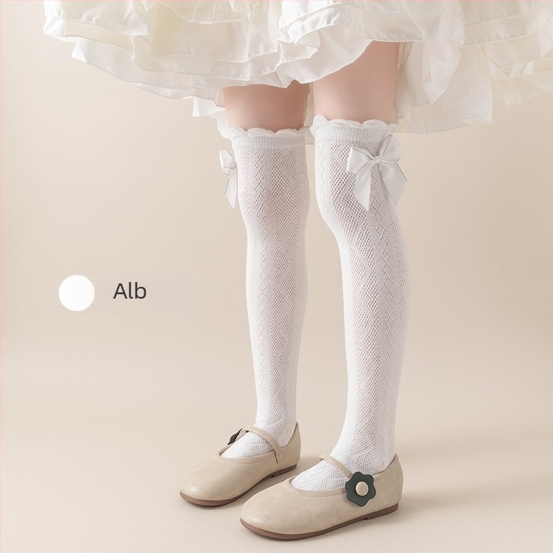 Șosete pentru fete, de vară, subțiri, până la genunchi, cu plasă lungă, cu tub lung, pentru bebeluși, cu țânțari, pentru copii, de vară, cu fundă în stil floral, tub înalt