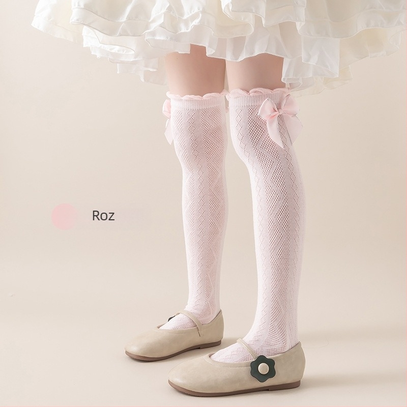 Șosete pentru fete, de vară, subțiri, până la genunchi, cu plasă lungă, cu tub lung, pentru bebeluși, cu țânțari, pentru copii, de vară, cu fundă în stil floral, tub înalt