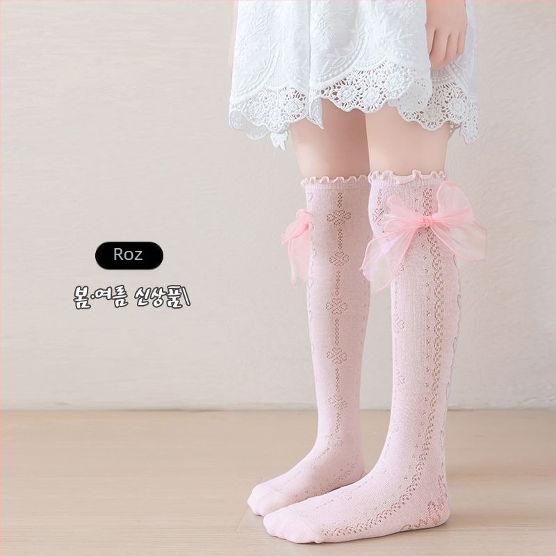 Șosete pentru fete, de vară, subțiri, până la genunchi, cu plasă lungă, cu tub lung, pentru bebeluși, cu țânțari, pentru copii, de vară, cu fundă în stil floral, tub înalt