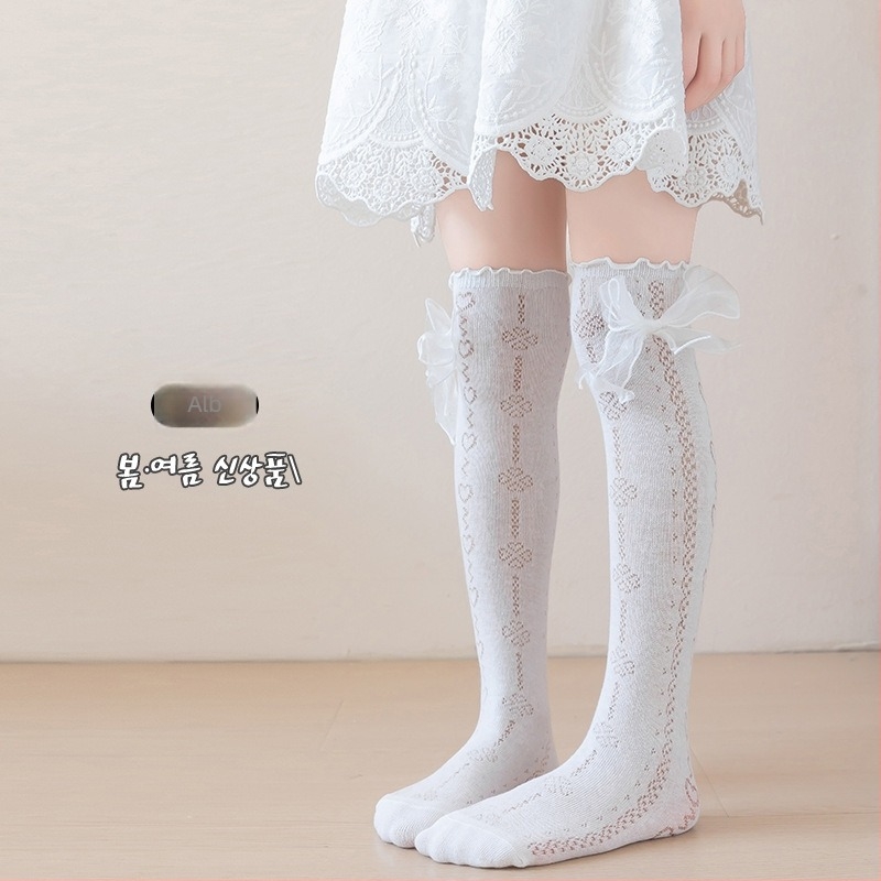 Șosete pentru fete, de vară, subțiri, până la genunchi, cu plasă lungă, cu tub lung, pentru bebeluși, cu țânțari, pentru copii, de vară, cu fundă în stil floral, tub înalt