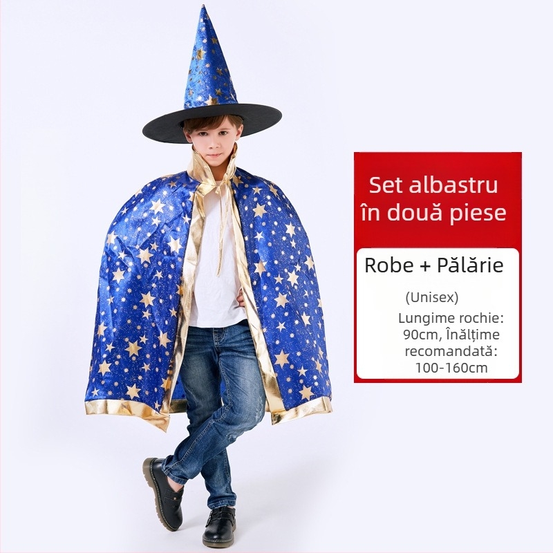 Costum de Halloween pentru copii, 1 iunie, costum de performanță pentru ziua de azi, costum de mag, pelerină de vrăjitoare, manta de Halloween cu cinci stele