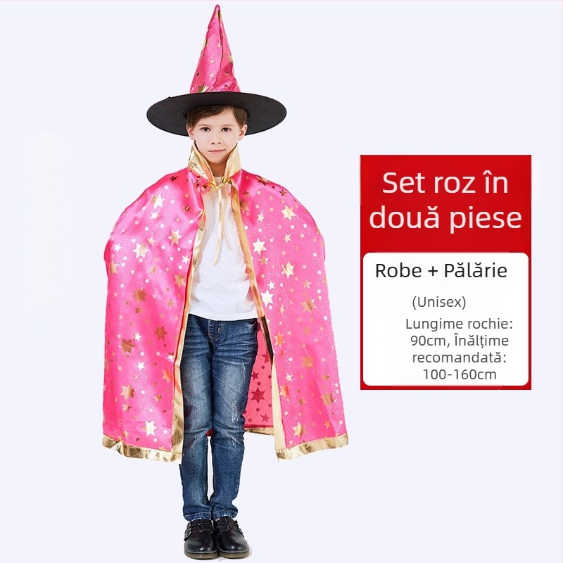 Costum de Halloween pentru copii, 1 iunie, costum de performanță pentru ziua de azi, costum de mag, pelerină de vrăjitoare, manta de Halloween cu cinci stele