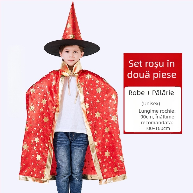 Costum de Halloween pentru copii, 1 iunie, costum de performanță pentru ziua de azi, costum de mag, pelerină de vrăjitoare, manta de Halloween cu cinci stele