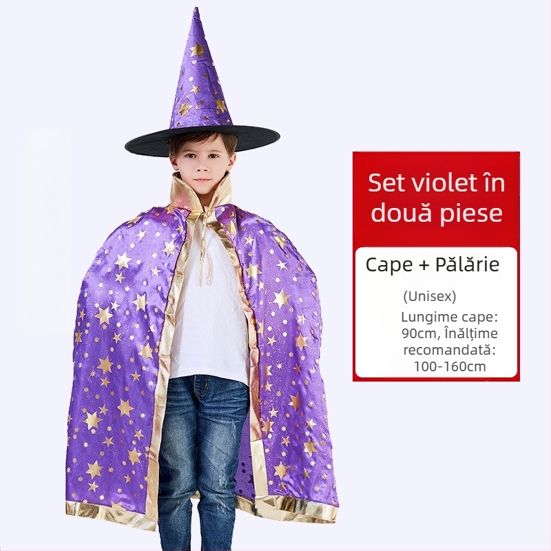 Costum de Halloween pentru copii, 1 iunie, costum de performanță pentru ziua de azi, costum de mag, pelerină de vrăjitoare, manta de Halloween cu cinci stele