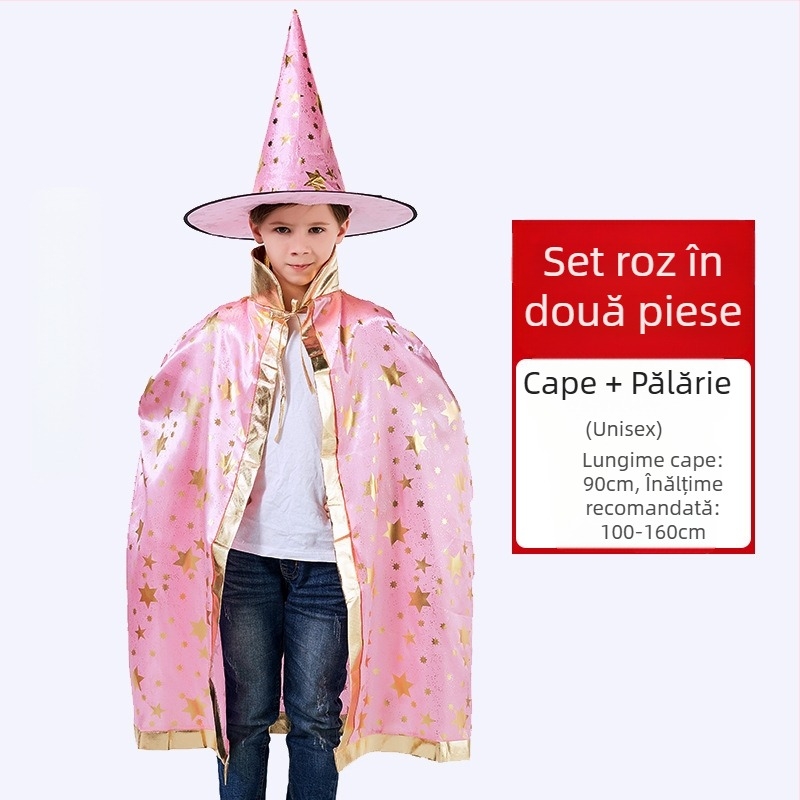 Costum de Halloween pentru copii, 1 iunie, costum de performanță pentru ziua de azi, costum de mag, pelerină de vrăjitoare, manta de Halloween cu cinci stele