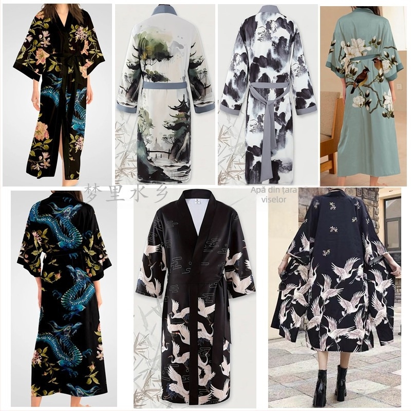 Noua colecție de cardigan cu imprimeu de cerneală tipărită cu peisaje transfrontaliere pentru bărbați și femei, curea pentru pijamale