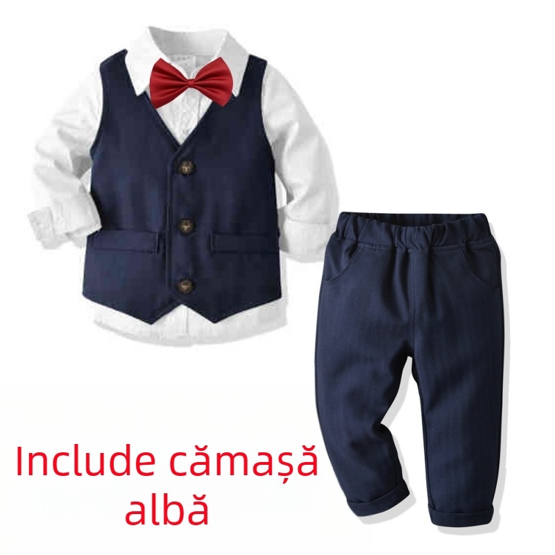 Set rochie pentru băieți, rochie formală, vestă pentru domni, cămașă și pantaloni, stil britanic, rochie de banchet din patru piese