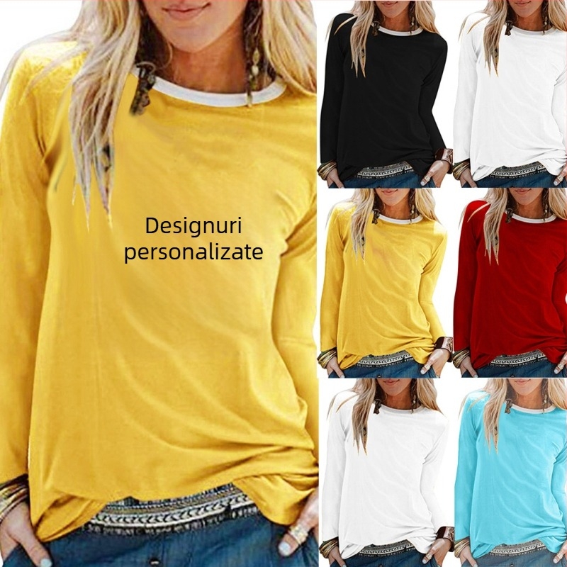 Tricou pulover lejer cu guler rotund, imprimat, de primăvară și toamnă 2021, cu design OEM, alb, cu mânecă lungă, en-gros