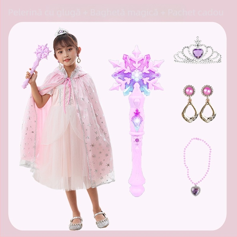 Baghetă magică transfrontalieră nouă, mică prințesă de gheață, sunet magic și inducție luminoasă, zână, fată, stick luminos, jucărie pentru copii, transformare