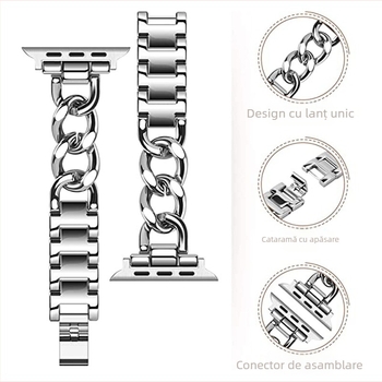 Potrivit pentru Apple Watch, curea mică din oțel inoxidabil, stil Chanel, lanț din denim, curea metalică Apple