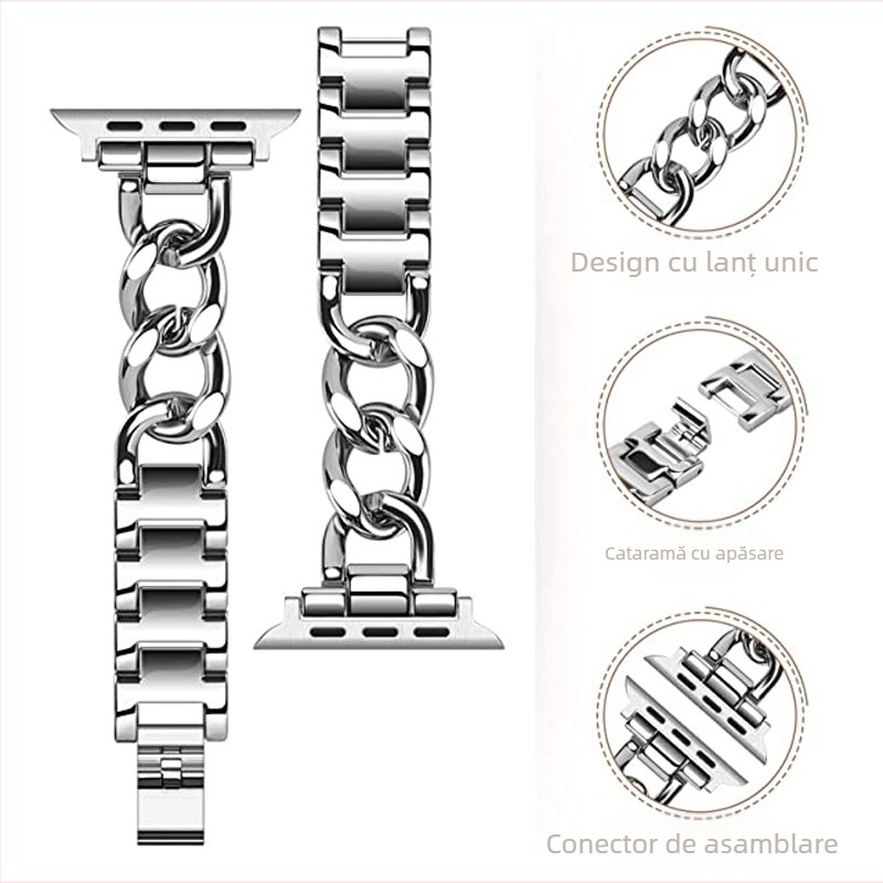 Potrivit pentru Apple Watch, curea mică din oțel inoxidabil, stil Chanel, lanț din denim, curea metalică Apple