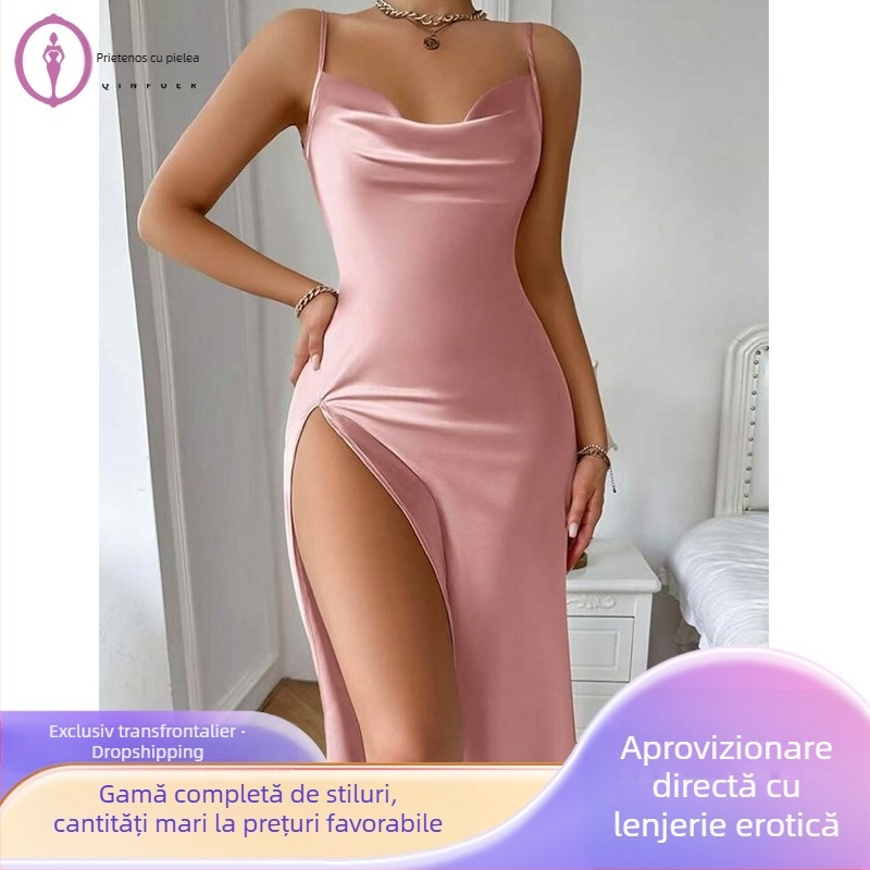 Femei europene și americane transfrontaliere sex pur sexy seducție mătase de gheață sex înaltă split spate fără sling fustă acasă haine pijamale