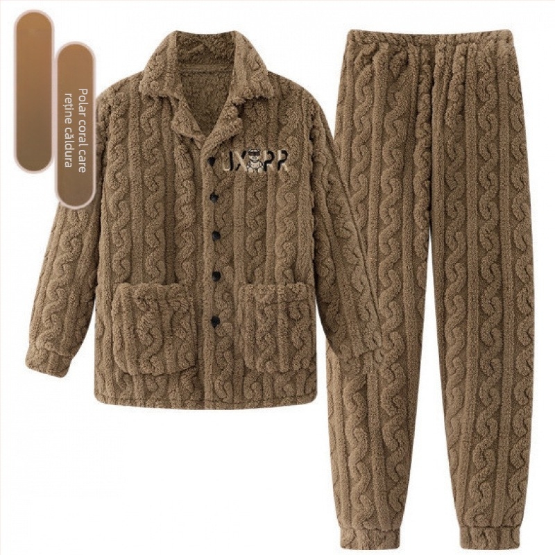 Pijamale de toamnă și de iarnă 2024, haine de casă pentru bărbați, fleece coral, căptușit cu fleece, îngroșat, costum pentru bărbați, flanel cald și confortabil
