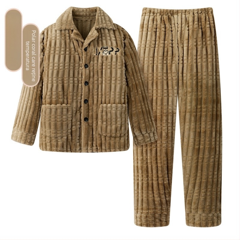 Pijamale de toamnă și de iarnă 2024, haine de casă pentru bărbați, fleece coral, căptușit cu fleece, îngroșat, costum pentru bărbați, flanel cald și confortabil