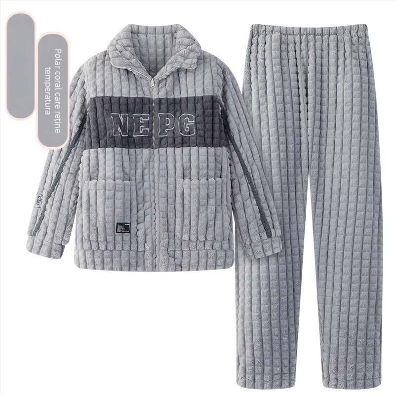 Pijamale de toamnă și de iarnă 2024, haine de casă pentru bărbați, fleece coral, căptușit cu fleece, îngroșat, costum pentru bărbați, flanel cald și confortabil