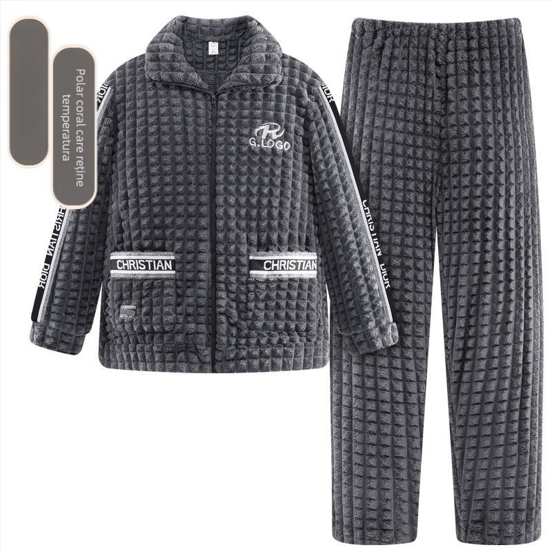 Pijamale de toamnă și de iarnă 2024, haine de casă pentru bărbați, fleece coral, căptușit cu fleece, îngroșat, costum pentru bărbați, flanel cald și confortabil
