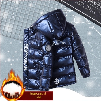 Haină căptușită cu bumbac pentru băieți 2023, nouă, cu suprafață strălucitoare, groasă, pentru copii, haină călduroasă, îngroșată, cu glugă, căptușită cu bumbac, pentru băieți de mărime medie și mare, haină căptușită cu bumbac, marcă de modă