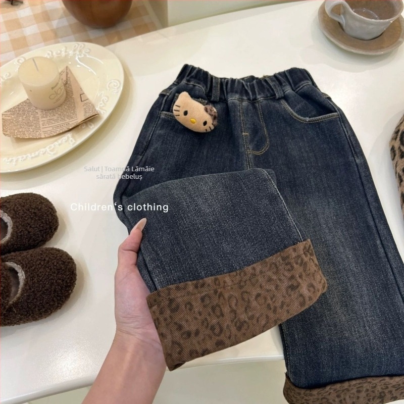 Costum de toamnă și iarnă pentru fete 2024 Pulover nou cu imprimeu leopard îngroșat, căptușit cu fleece, blugi din catifea dintr-o singură bucată pentru bebeluși