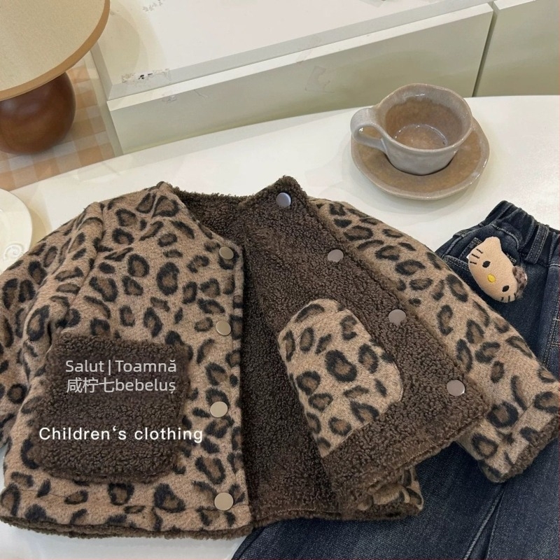 Costum de toamnă și iarnă pentru fete 2024 Pulover nou cu imprimeu leopard îngroșat, căptușit cu fleece, blugi din catifea dintr-o singură bucată pentru bebeluși