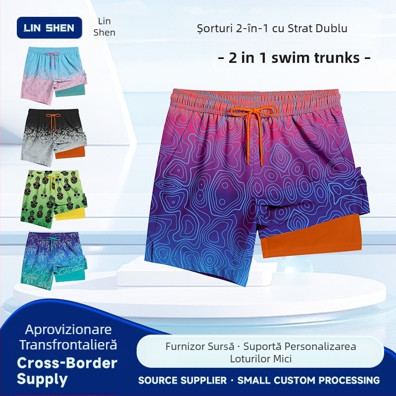 Pantaloni de plajă subțiri cu uscare rapidă pentru bărbați, cu gradient popular transfrontalier, care pot intra în apă, pantaloni scurți de plajă cu strat dublu, patru sferturi