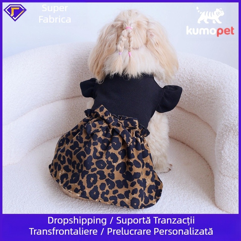 Fustă dintr-o singură bucată cu imprimeu leopard și aceeași fundă, confortabilă și prietenoasă cu pielea, potrivită pentru toate anotimpurile, Source Factory de îmbrăcăminte pentru pisici și câini