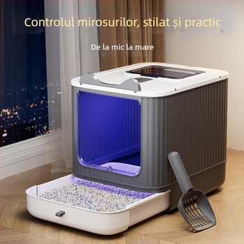 Litiera mare pentru pisici cu funcții de sterilizare și anti-stropire, potrivită pentru pisoi, provizii pentru pisici rezistente la mirosuri, toaletă extra-mare pentru pisici