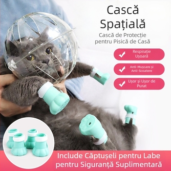 Botniță Cat Space, anti-lingere, anti-mușcături, transparentă, sferică, respirabilă, cu inel Elizabeth, husă pentru cap de pisică
