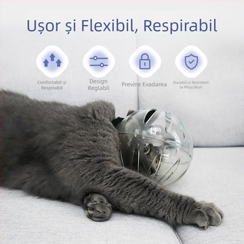 Botniță Cat Space, anti-lingere, anti-mușcături, transparentă, sferică, respirabilă, cu inel Elizabeth, husă pentru cap de pisică