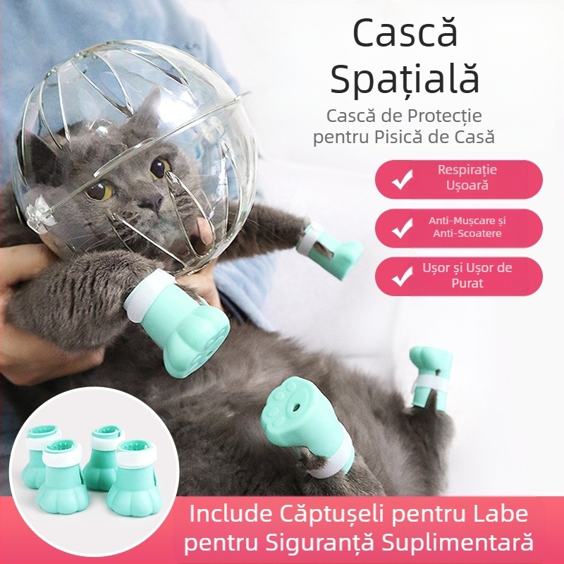 Botniță Cat Space, anti-lingere, anti-mușcături, transparentă, sferică, respirabilă, cu inel Elizabeth, husă pentru cap de pisică