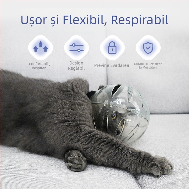 Botniță Cat Space, anti-lingere, anti-mușcături, transparentă, sferică, respirabilă, cu inel Elizabeth, husă pentru cap de pisică