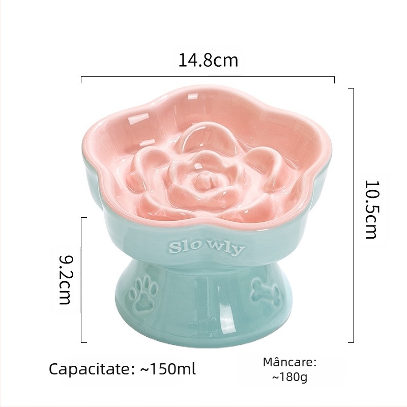 Bol ceramic pentru animale de companie, bol pentru hrană lentă, cu picior înalt, pentru pisici, bol pentru câini, bol pentru câini mici, anti-sufocare, hrană lentă, anti-șoc, protecție pentru gât, bol înclinat