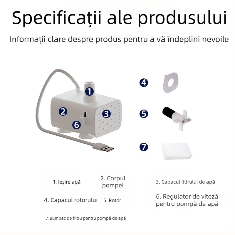 Accesorii pentru dozator de apă pentru animale de companie, pompă de apă USB 5V cu bumbac și lumină, debit de apă reglabil, crestătură, oprire silențioasă fără perii