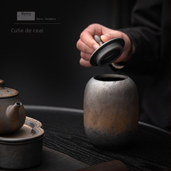 Cutie de ceai veche aurită, cutie de depozitare sigilată din gresie chinezească, cutie de depozitare ceramică retro, cutie mică de ceai, depozit de ceai antic Pu'Er