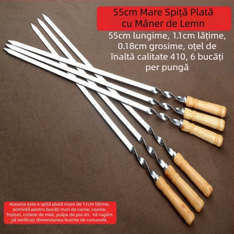 Băț de grătar din oțel inoxidabil direct din fabrică, băț plat pentru grătar, mâner de lemn, băț plat mare, unelte de grătar în aer liber