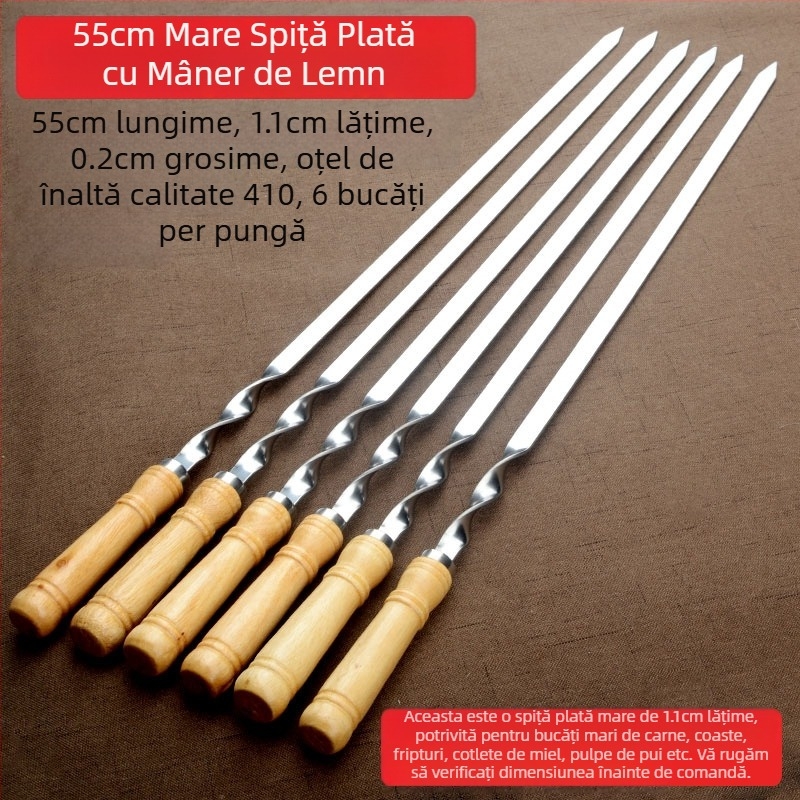Băț de grătar din oțel inoxidabil direct din fabrică, băț plat pentru grătar, mâner de lemn, băț plat mare, unelte de grătar în aer liber
