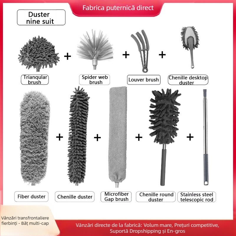 En-gros de uz casnic electrostatic praf duster din oțel inoxidabil telescopic îndoit fibră curățare pene duster praf măturat artefact