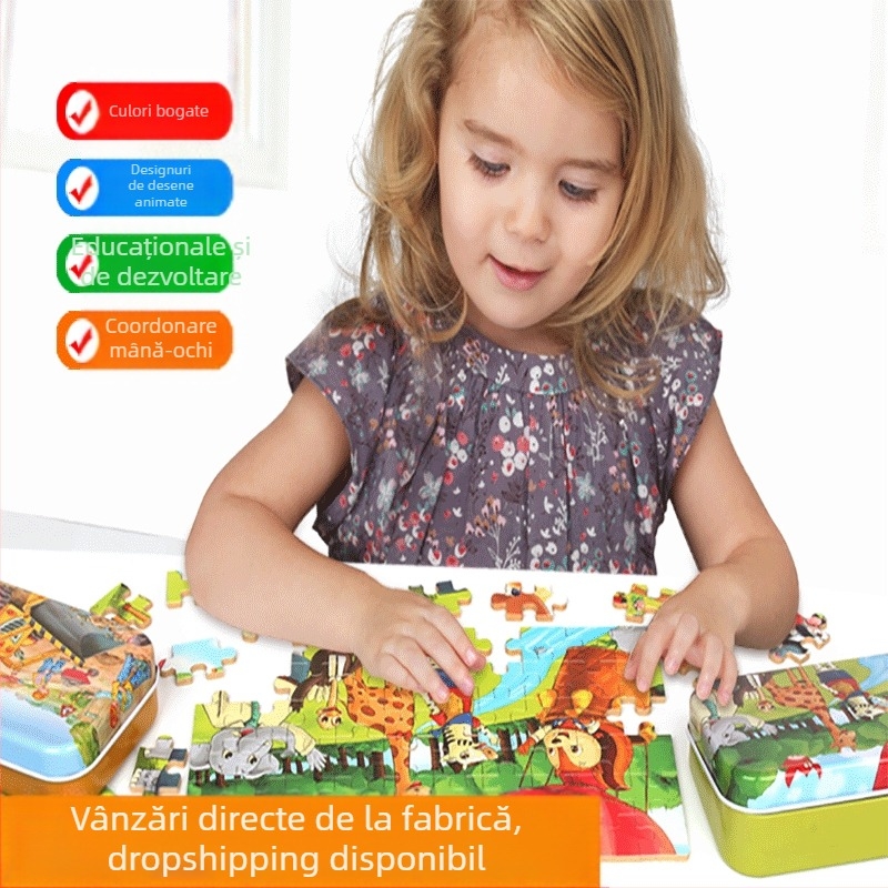 Producătorii furnizează puzzle-uri din lemn cu 60 de desene animate, cutii plate din fier, pentru copii și adulți, distractiv, pentru educație timpurie, jucării puzzle din lemn